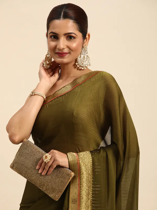 Indian_Women_Mehendi_Green_Striped_Satin_Silk_Fancy_Border_with_Swarovski_work