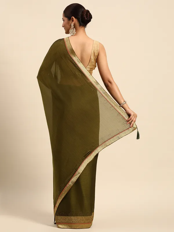 Indian_Women_Mehendi_Green_Striped_Satin_Silk_Fancy_Border_with_Swarovski_work