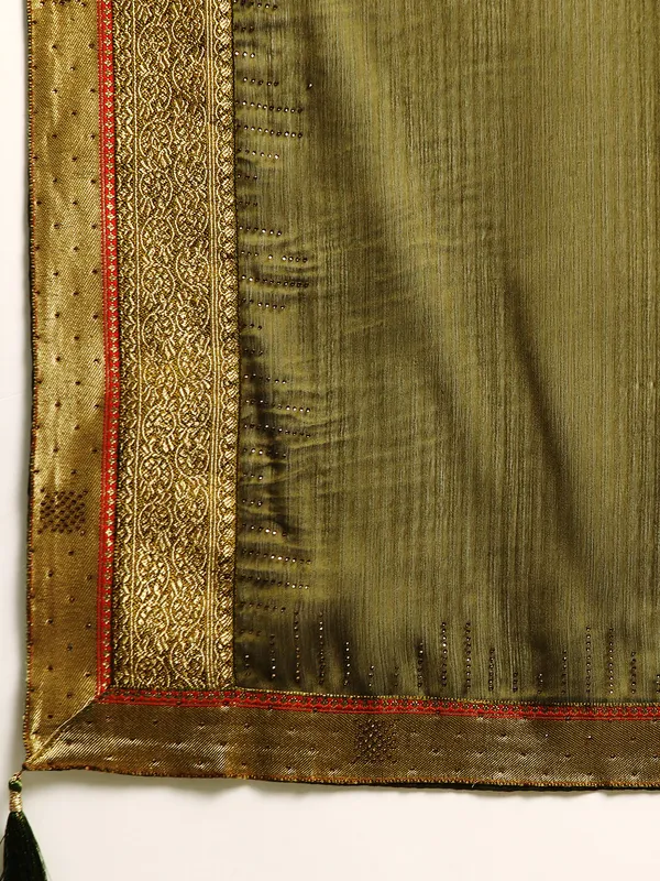 Indian_Women_Mehendi_Green_Striped_Satin_Silk_Fancy_Border_with_Swarovski_work