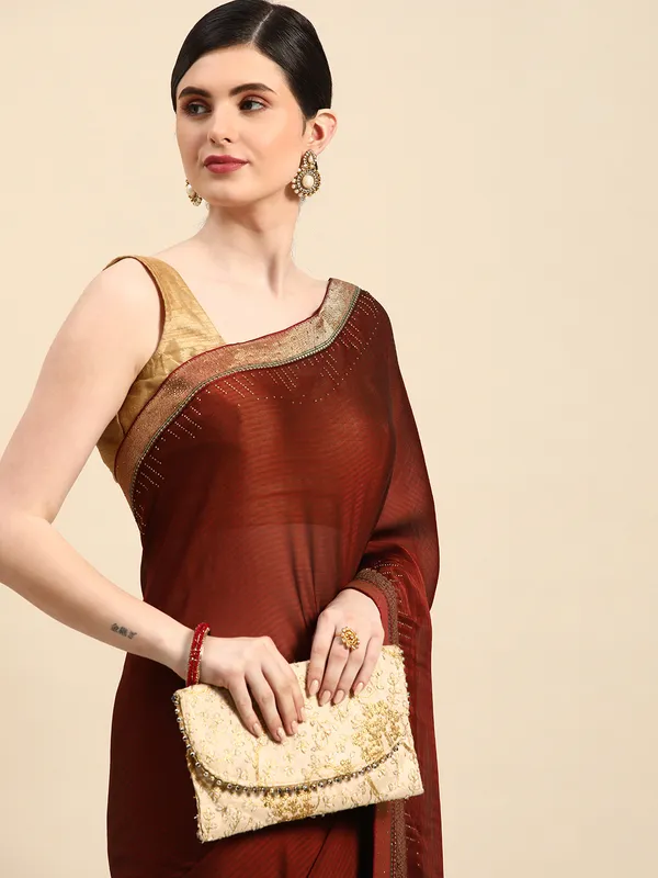 Indian_Women_Dark_Brown_Striped_Satin_Silk_Fancy_Border_with_Swarovski_work