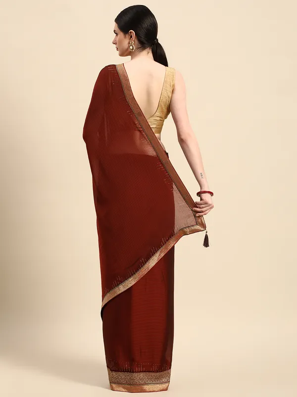 Indian_Women_Dark_Brown_Striped_Satin_Silk_Fancy_Border_with_Swarovski_work