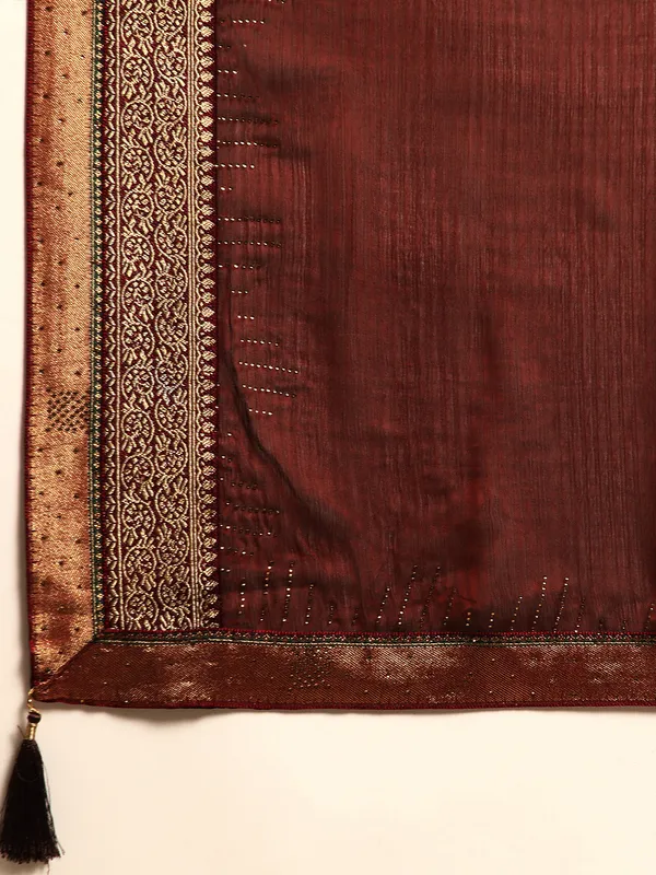 Indian_Women_Dark_Brown_Striped_Satin_Silk_Fancy_Border_with_Swarovski_work