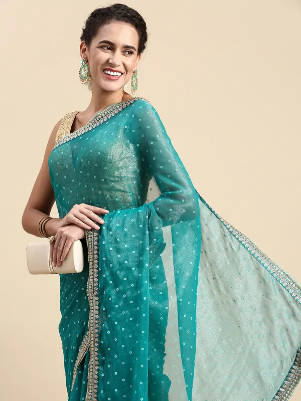 Turquoise_Green_Shimmer_Chiffon_Embroidery_Border_with_Foil_Work_Saree