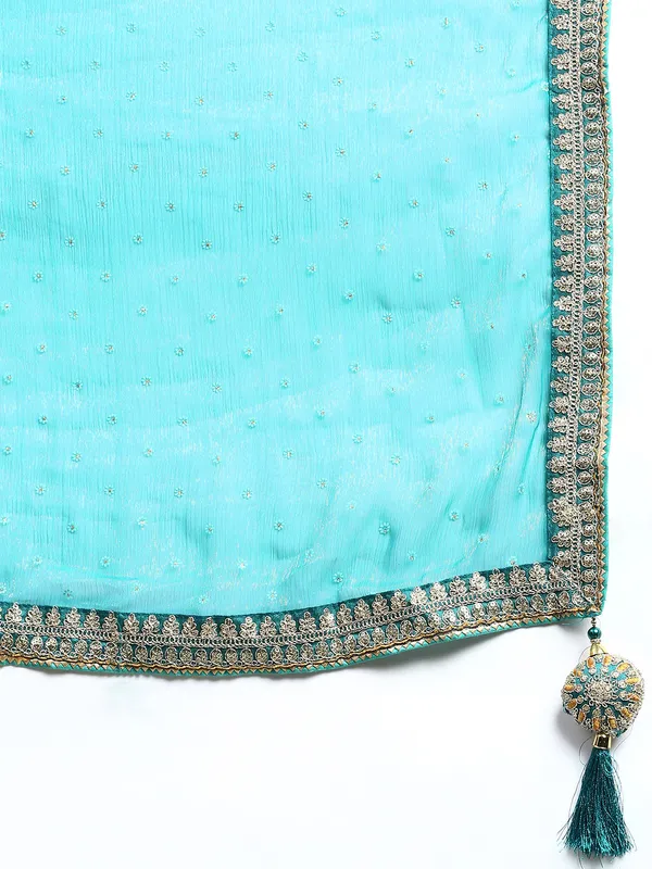 Turquoise_Green_Shimmer_Chiffon_Embroidery_Border_with_Foil_Work_Saree