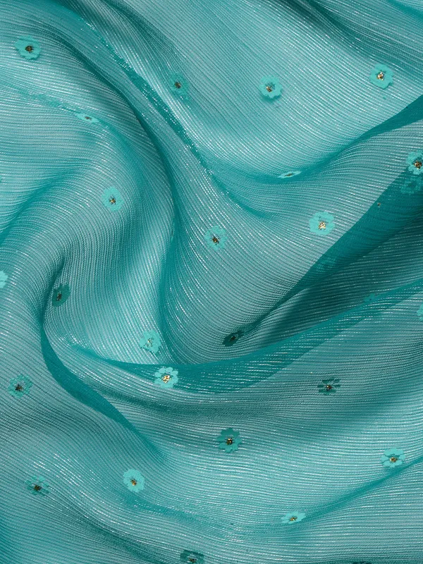 Turquoise_Green_Shimmer_Chiffon_Embroidery_Border_with_Foil_Work_Saree