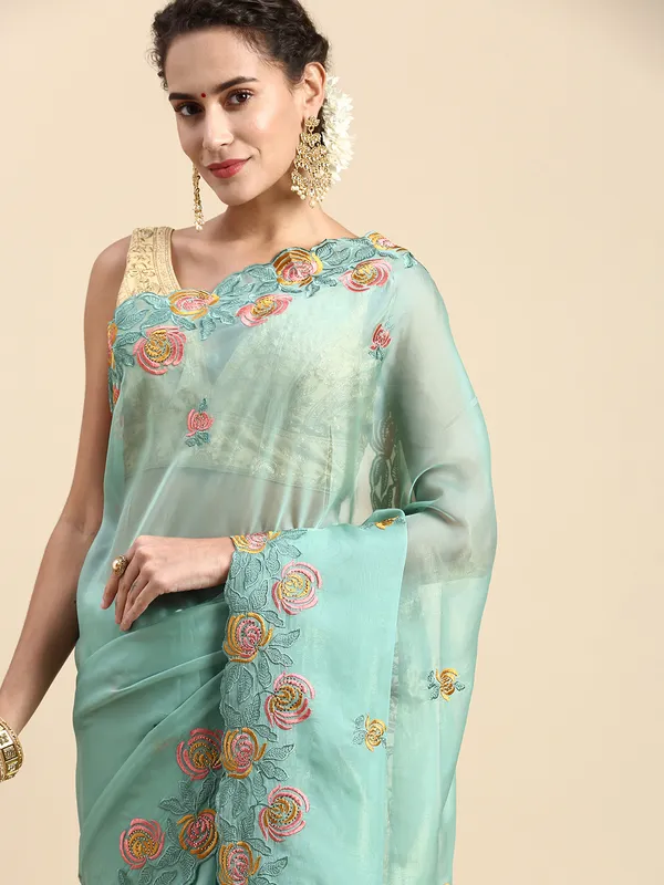 Turquoise_Green_Soft_Orgenza_Swarovski_Work_Embroidery_Saree