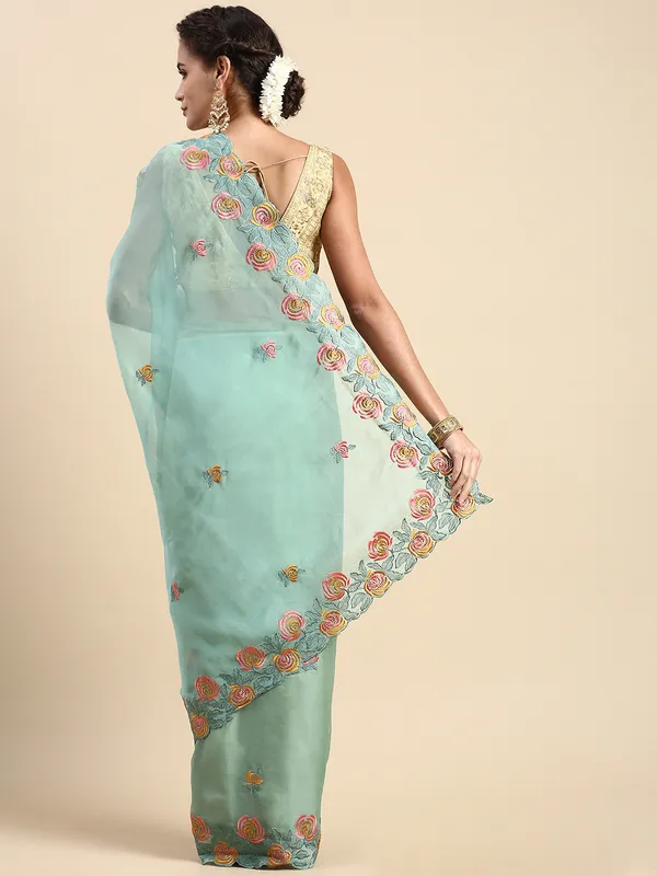 Turquoise_Green_Soft_Orgenza_Swarovski_Work_Embroidery_Saree
