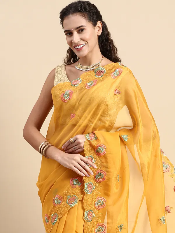 Yellow__Soft_Orgenza_Swarovski_Work_Embroidery_Saree