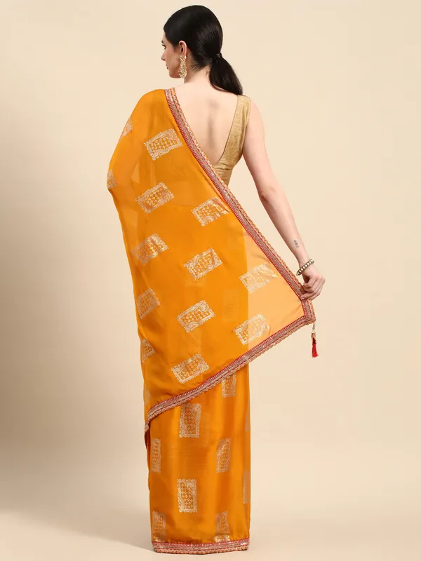 Indian_Women_Yellow_Chiffon_Embroidery_Border_with_foil_work