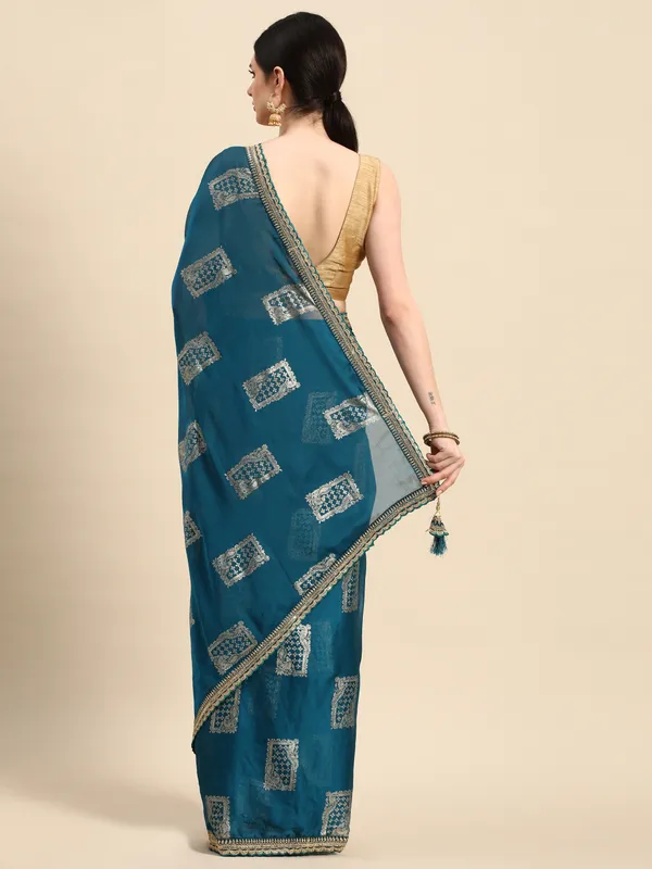 Indian_Women_Blue_Chiffon_Embroidery_Border_with_foil_work
