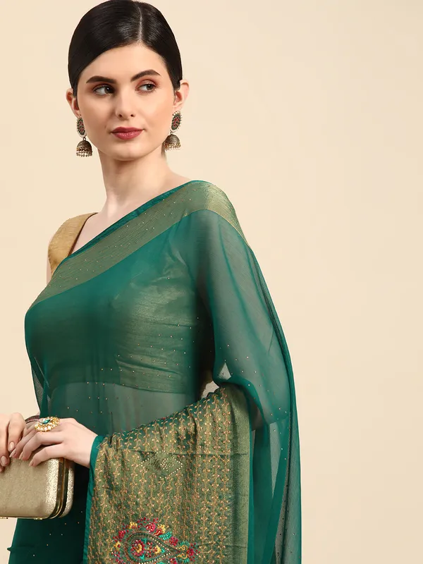 Indian_Women_Turquoise_Green_Viscoss_Chiffon_Swarovski_with_Embroidery_work