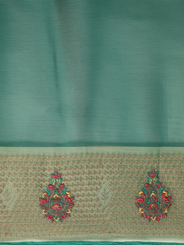 Indian_Women_Turquoise_Green_Viscoss_Chiffon_Swarovski_with_Embroidery_work