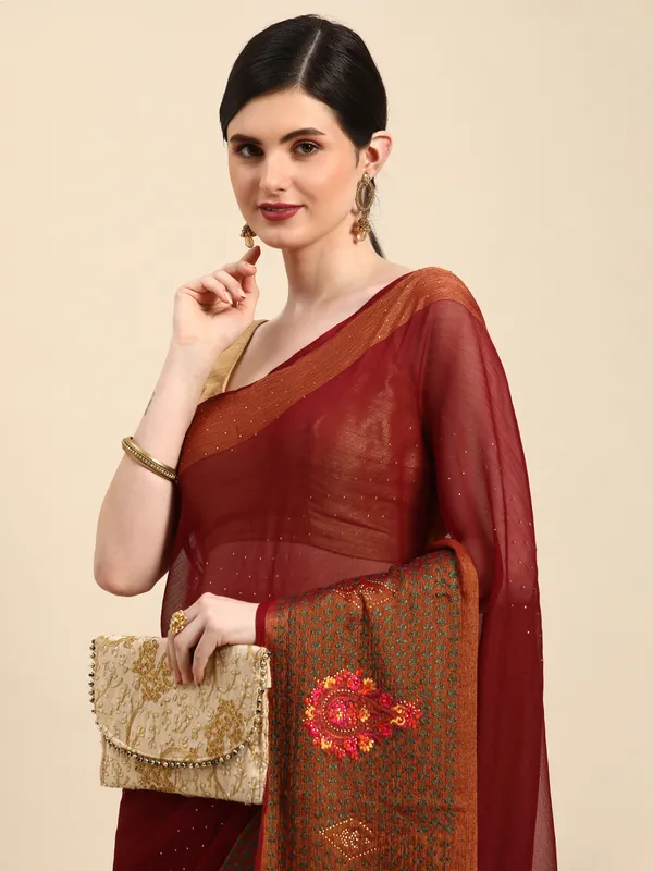 Indian_Women_Wine_Viscoss_Chiffon_Swarovski_with_Embroidery_work