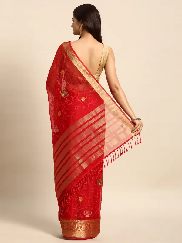 Indian_Women_Red_Orgenza_Fancy_border_with_Embroidery_work