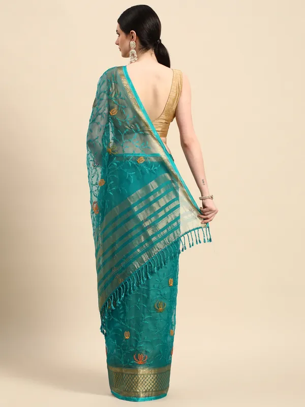 Indian_Women_Turquoise_Green_Orgenza_Fancy_border_with_Embroidery_work