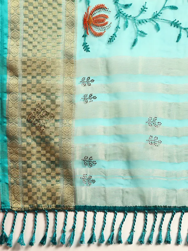 Indian_Women_Turquoise_Green_Orgenza_Fancy_border_with_Embroidery_work