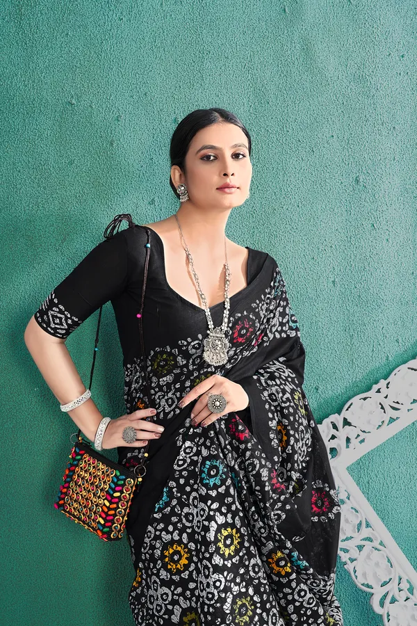 Ikkat_Print_Pure_Soft_Cotton_saree_With_Blouse_Piece