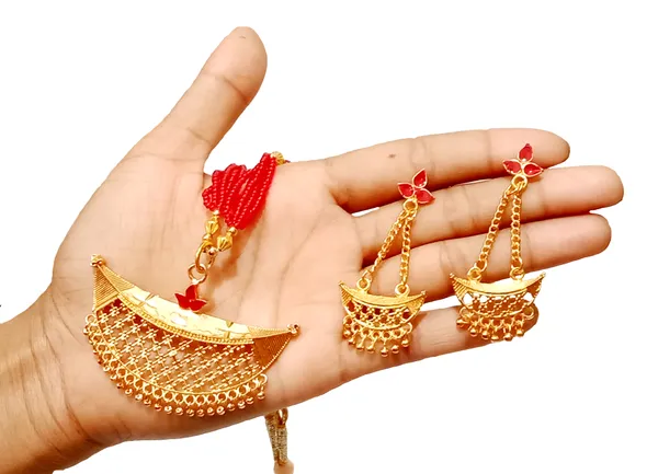 Assamese_Traditional_Gold_Plated_Red_Colour_Joonbiri_Tassel_Jewellery_Set_For_Women