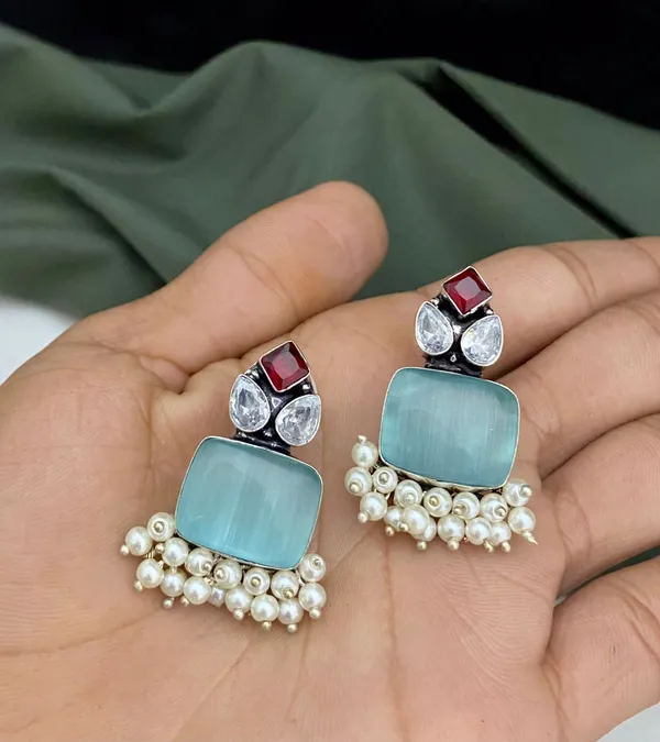 Oxyjewels Ruby Turquoise Designer Earrings with White Moti