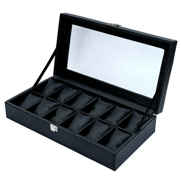 Watch_Box_Organizer_Holder_Jewelry_Accessories_Transparent_Display_Storage_Case_Watch_Organiser_Collection_Box_12_Slots_In_PU_Leather_For_Men_Women_Black_Color
