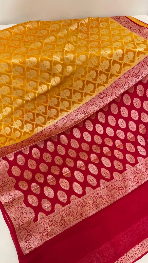 Humairah_Presents_Pure_Handloom_Yellow_Chiffon_Golden_Zari_Floral_Booti_Jaal_with_Contrast_Red_Zari_Booti_Anchal_and_Zari_Border_with_Red_Blouse