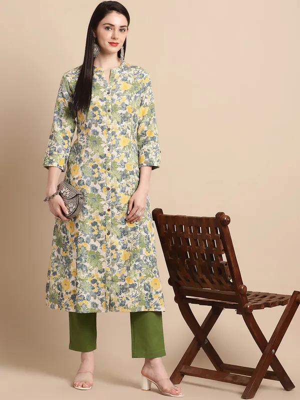 Green_Cotton_Floral_Printed_A-line_Kurta