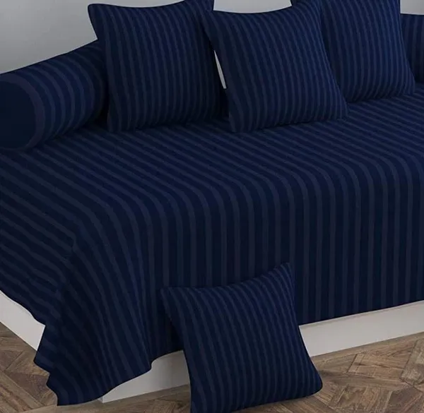 220TC_Cotton_Satin_Glace_Stripes_Diwan_Set_Covers_Set_of_8_Pcs_,_One_Single_Flat_Bedsheet_with_5_Cushion_Covers_and_2_Bolster_Covers,_King_Size,_60x90_Inches_-_Navy_Blue