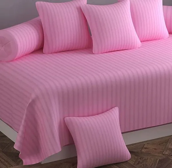 220TC_King_Size_Diwan_Set_Cotton_Satin_Glace_Stripes_Diwan_Set_Covers_Set_of_8_Pcs_,_One_Single_Flat_Bedsheet_with_5_Cushion_Covers_and_2_Bolster_Covers,_King_Size,_60x90_Inches_-_Pink