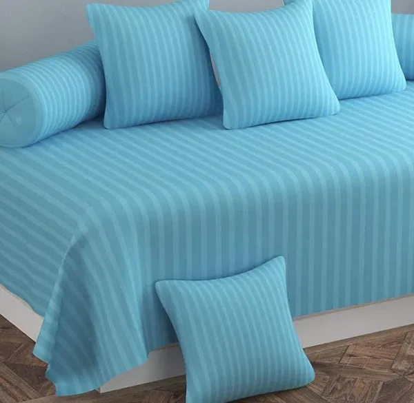 220TC_Cotton_Satin_Glace_Stripes_Diwan_Set_Covers_Set_of_8_Pcs_,_One_Single_Flat_Bedsheet_with_5_Cushion_Covers_and_2_Bolster_Covers,_King_Size,_60x90_Inches_-_Sky_Blue
