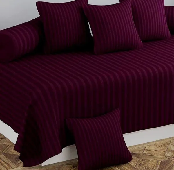 220TC_Cotton_Satin_Glace_Stripes_Diwan_Set_Covers_Set_of_8_Pcs_,_One_Single_Flat_Bedsheet_with_5_Cushion_Covers_and_2_Bolster_Covers,_King_Size,_60x90_Inches_-_Wine