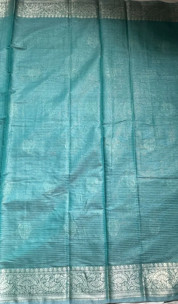 Humairah_Presents_Sea_Green_Cotton_Masrise_Floral_Silver_Zari_Booti_with_Self_Silver_Zari_Border_and_Sea_Green_Blouse