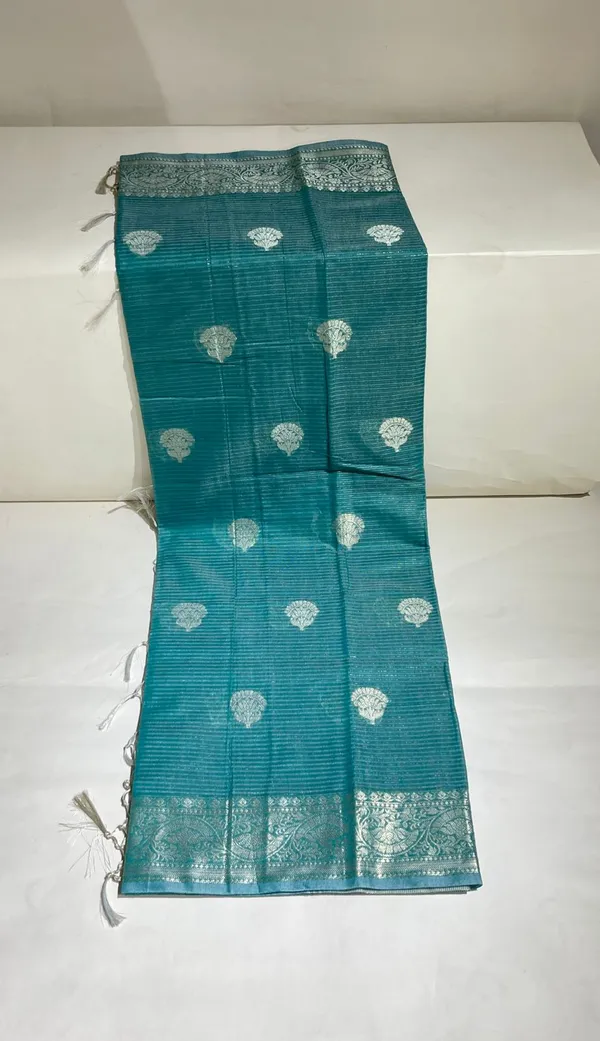 Humairah_Presents_Sea_Green_Cotton_Masrise_Floral_Silver_Zari_Booti_with_Self_Silver_Zari_Border_and_Sea_Green_Blouse