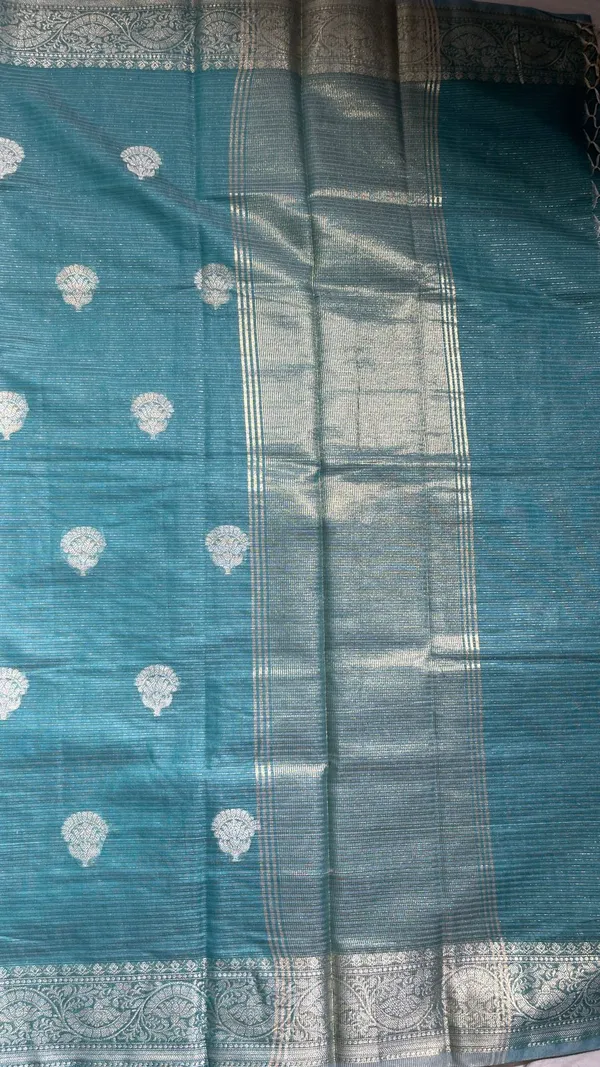 Humairah_Presents_Sea_Green_Cotton_Masrise_Floral_Silver_Zari_Booti_with_Self_Silver_Zari_Border_and_Sea_Green_Blouse