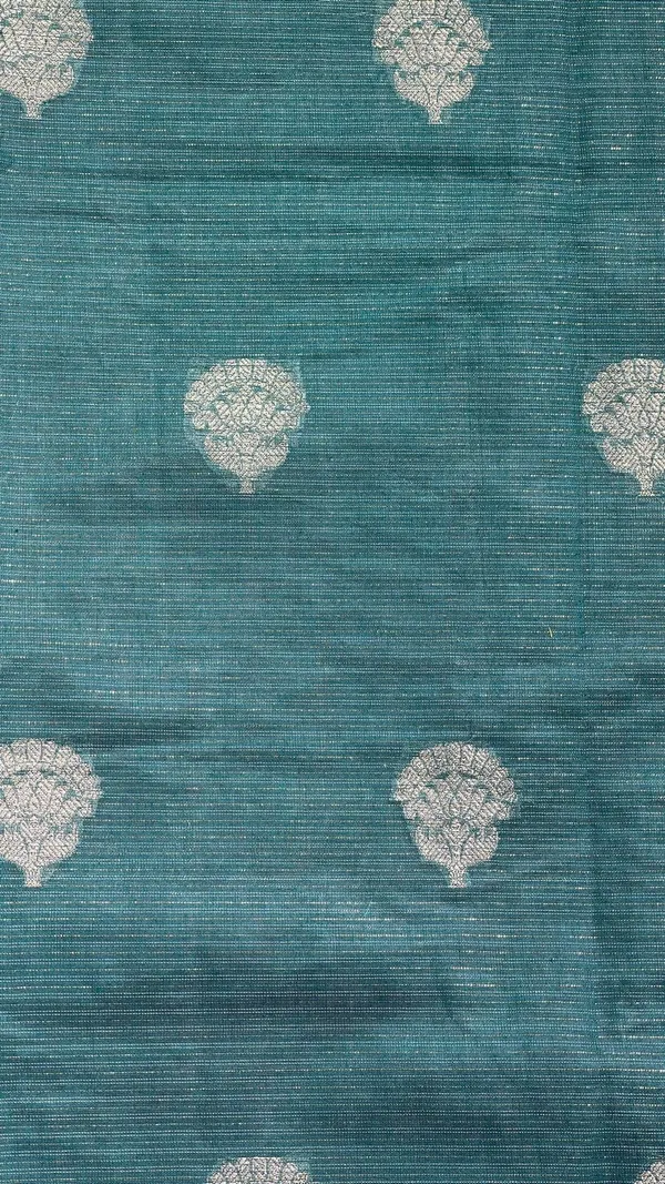 Humairah_Presents_Sea_Green_Cotton_Masrise_Floral_Silver_Zari_Booti_with_Self_Silver_Zari_Border_and_Sea_Green_Blouse
