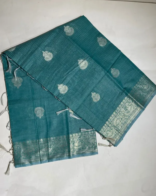 Humairah_Presents_Sea_Green_Cotton_Masrise_Floral_Silver_Zari_Booti_with_Self_Silver_Zari_Border_and_Sea_Green_Blouse