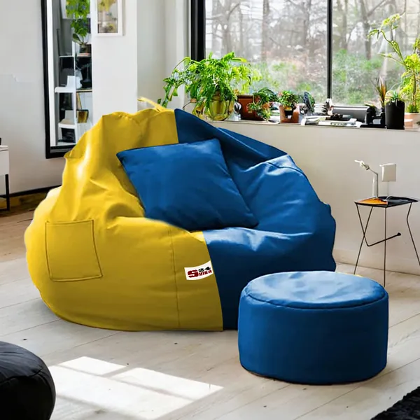 Blue_And_Yellow_Tear_Drop_Bean_Bag_Cover_With_Footrest_Cushion_Without_Beans