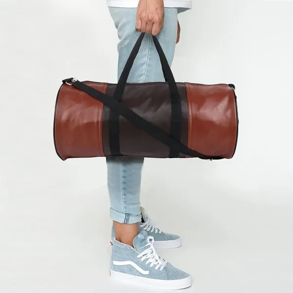 Tan_And_Brown_Synthetic_Leather_Gym_Bag_With_Shoulder_Strap
