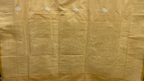 Humairah_Pure_Handwoven_Tussar_Katan_Silk_Kadhwa_Sona_Rupa_Zari_Booti_with_Kadhwa_Gold_Banarasi_Boota_Anchal_and_Tussar_Stripe_Blouse_Banarasi_Saree