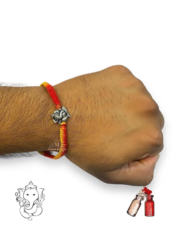 Silver_925_Sterling_Rakhi_For_Brother_Blessing_Ganesha_Raksha_Bandhan_Pure_Cotton_For_Men,_Boys,_Kids_Rakhi_With_Roli_Chawal