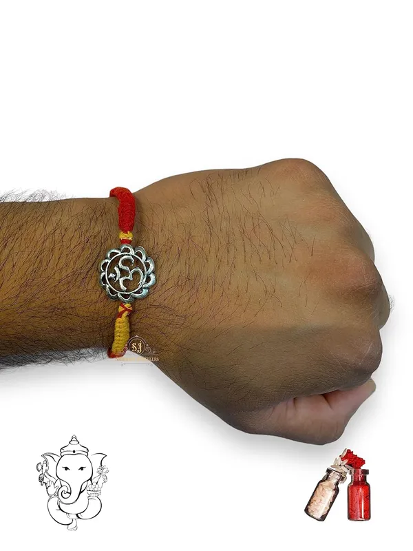 Silver_925_Sterling_Rakhi_For_Brother_Om_Round_Raksha_Bandhan_Pure_Cotton_For_Men,_Boys,_Kids_Rakhi_With_Roli_Chawal