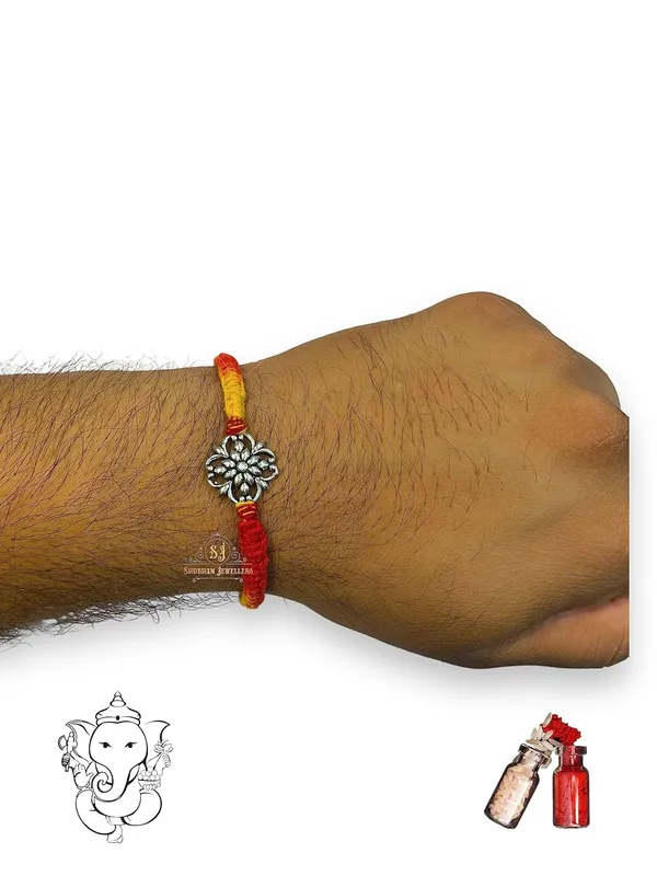 Silver_925_Sterling_Rakhi_For_Brother_Flower_Raksha_Bandhan_Pure_Cotton_For_Men,_Boys,_Kids_Rakhi_With_Roli_Chawal