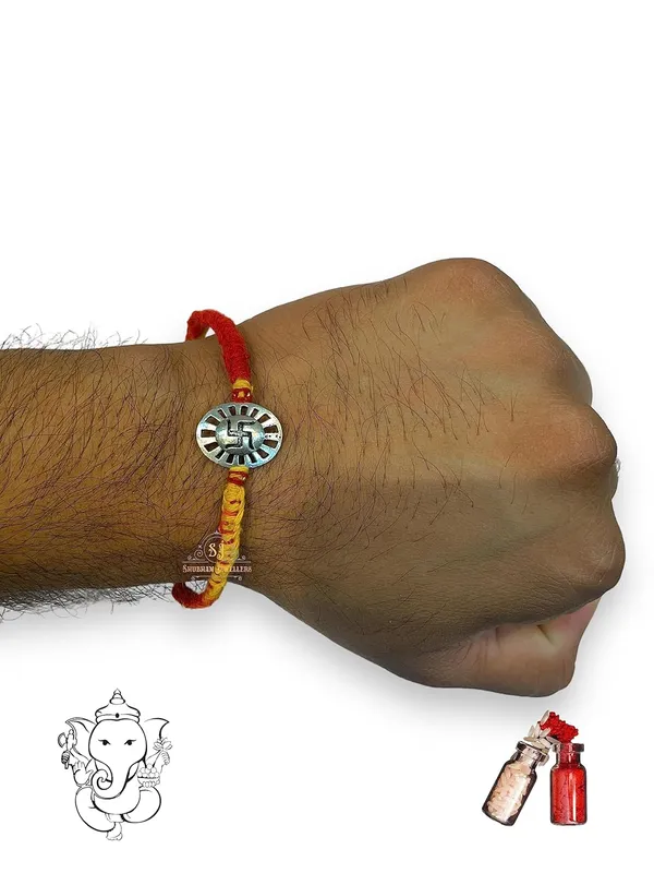 Silver_925_Sterling_Rakhi_For_Brother_Round_Sathiya_Raksha_Bandhan_Pure_Cotton_For_Men,_Boys,_Kids_Rakhi_With_Roli_Chawal