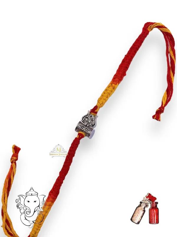 Silver_925_Sterling_Rakhi_For_Brother_God_Rakhi_Raksha_Bandhan_Pure_Cotton_For_Men_Boys_Kids_Rakhi_With_Roli_Chawal_(Small_Damru_Trishool)