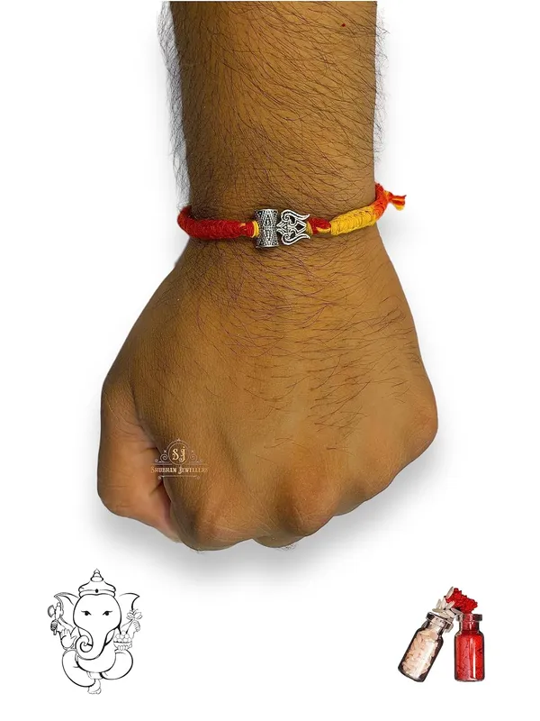 Silver_925_Sterling_Rakhi_For_Brother_God_Rakhi_Raksha_Bandhan_Pure_Cotton_For_Men_Boys_Kids_Rakhi_With_Roli_Chawal_(Small_Damru_Trishool)