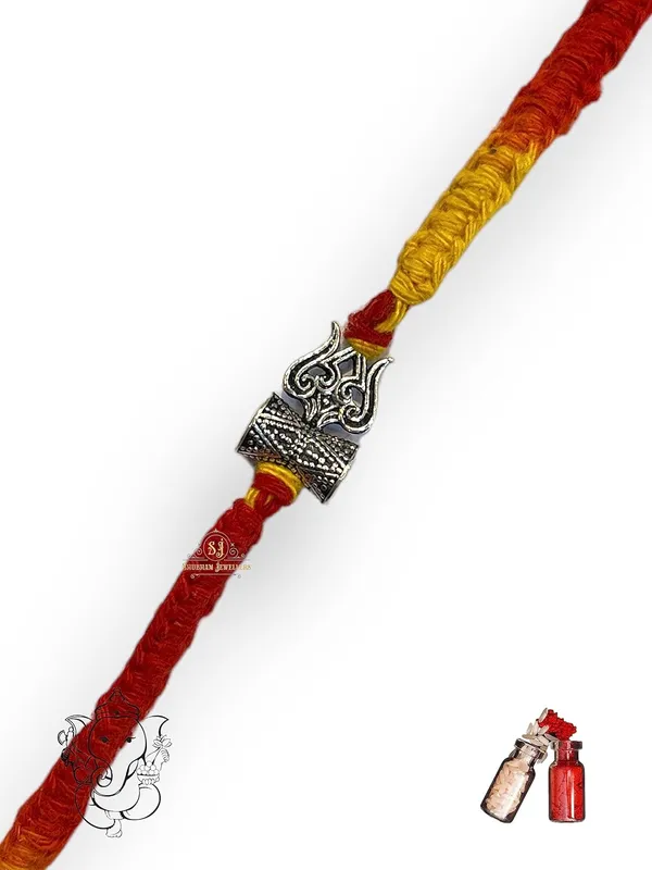 Silver_925_Sterling_Rakhi_For_Brother_God_Rakhi_Raksha_Bandhan_Pure_Cotton_For_Men_Boys_Kids_Rakhi_With_Roli_Chawal_(Small_Damru_Trishool)