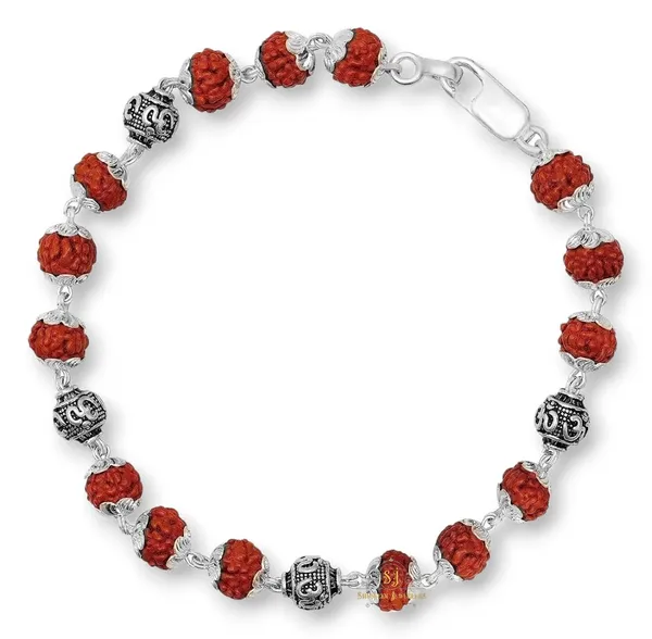 Silver_925_Sterling_Handmade_Dual_Wire_Stylish_Rudraksha_Rakhi_For_Men_(_6_Mm_Natural_Beads_Om_Para)_(4Om)