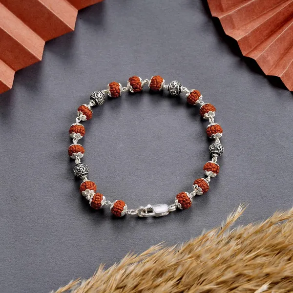 Silver_925_Sterling_Handmade_Dual_Wire_Stylish_Rudraksha_Rakhi_For_Men_(_6_Mm_Natural_Beads_Om_Para)_(4Om)