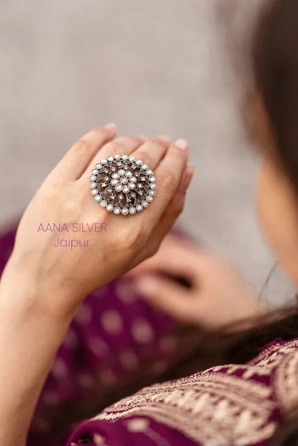 925_Pure_Sterling_Silver_|_Unique_Kundan_Jadau_Ring_|_Well_Stamped_&_Hallmarked