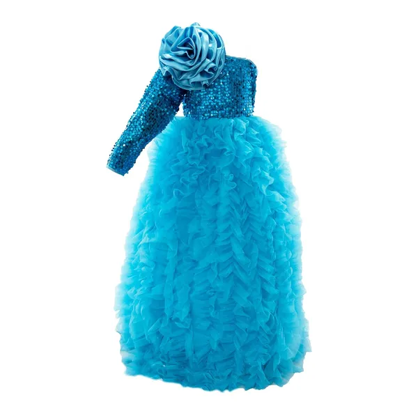 Turquoise_Polyester_Blend_Sequined_One_Shoulder_Dress_For_Girls
