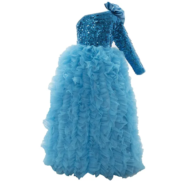 Turquoise_Polyester_Blend_Sequined_One_Shoulder_Dress_For_Girls